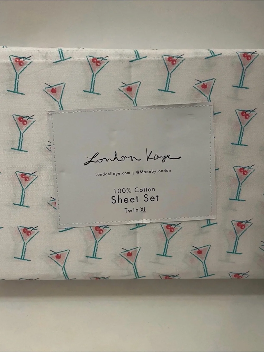 London Kaye Twin XL Size Cotton Sheet Set Martini Glasses Print White Pink Green